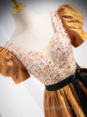 Unique V-Neck Beaded Floor Length Evening Prom Dress, Beautiful A-Line Short Sleeve Party Dress