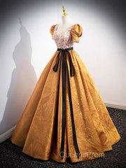 Unique V-Neck Beaded Floor Length Evening Prom Dress, Beautiful A-Line Short Sleeve Party Dress