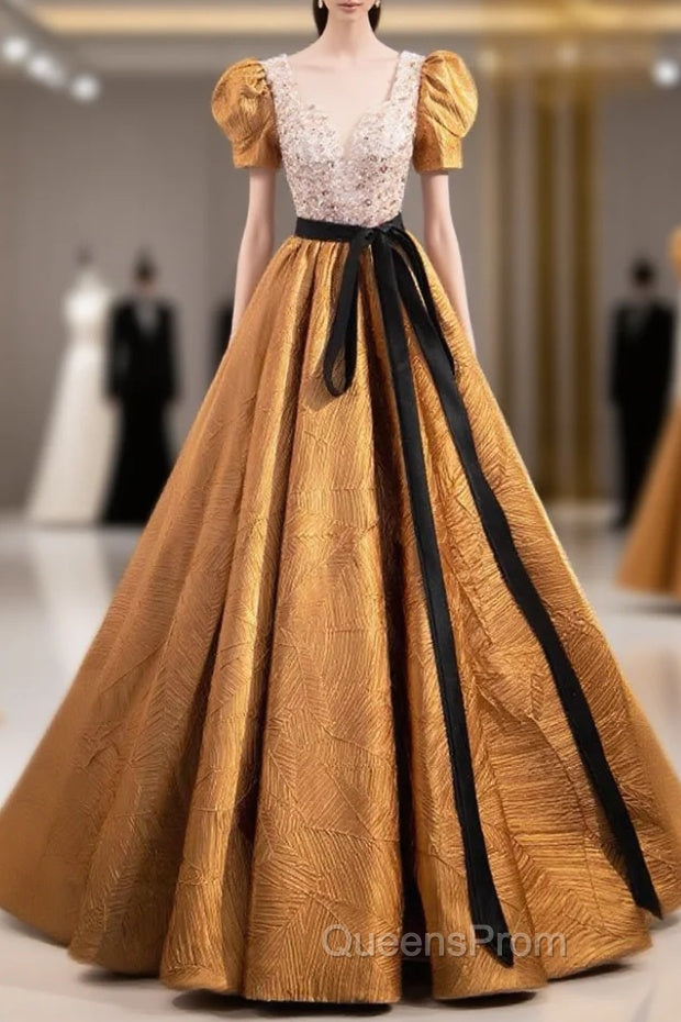 Unique V-Neck Beaded Floor Length Evening Prom Dress, Beautiful A-Line Short Sleeve Party Dress Main image