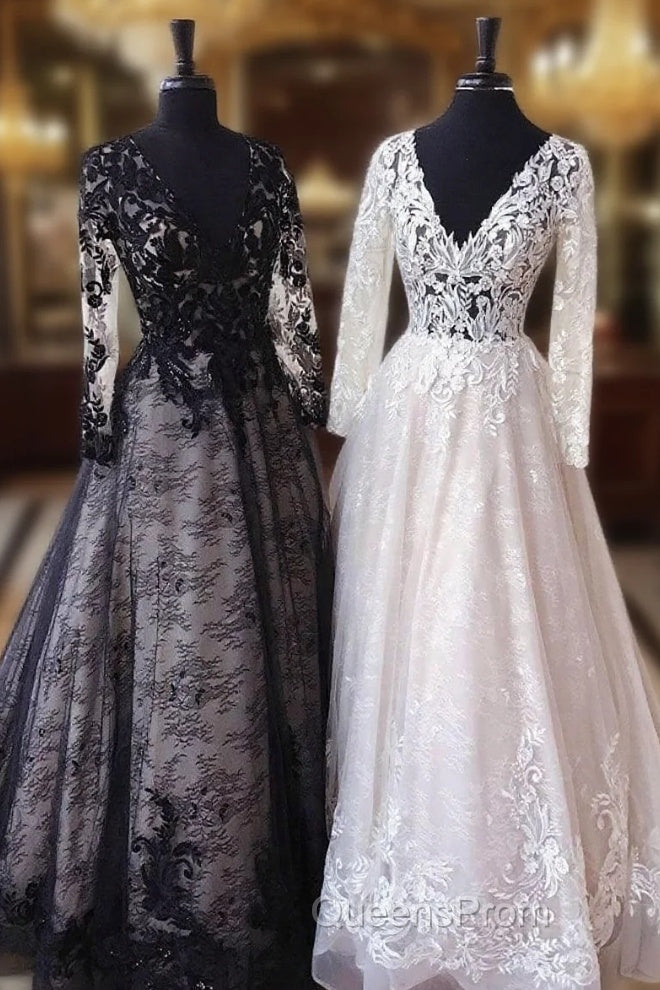 Unique V Neck Lace Tulle Long Evening Prom Dress Lace Evening Dress Main image