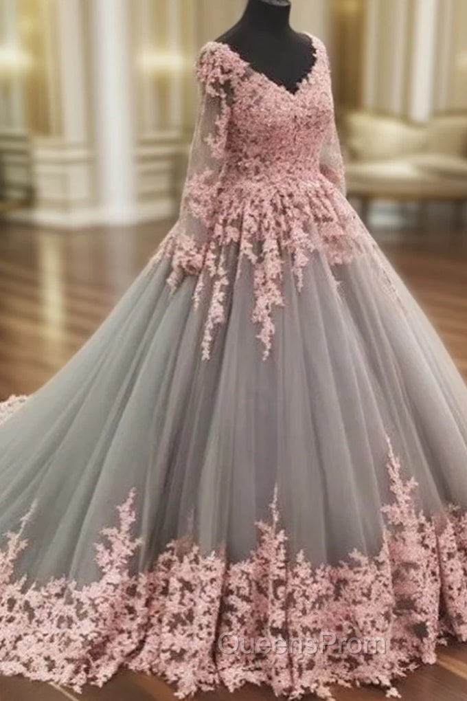 Unique V Neck Pink Lace Tulle Long Evening Prom Dress, Pink Lace Tulle Wedding Dress Main image