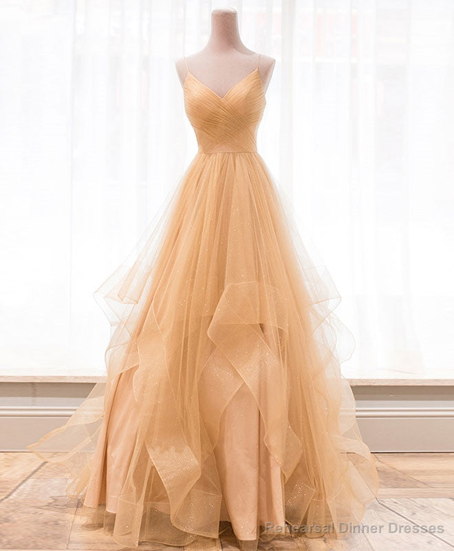 Unique V Neck Tulle A-Line Long Prom Dress Tulle Formal Dress Main image