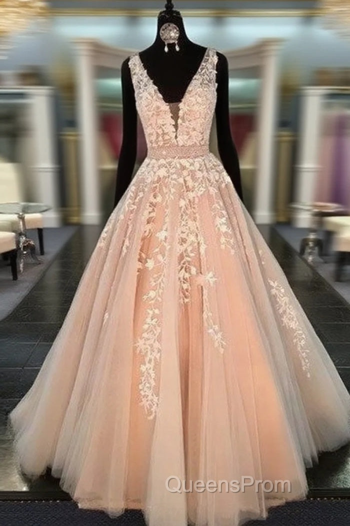 Unique V Neck Tulle Lace Long Evening Prom Dress For Teens, Formal Dress