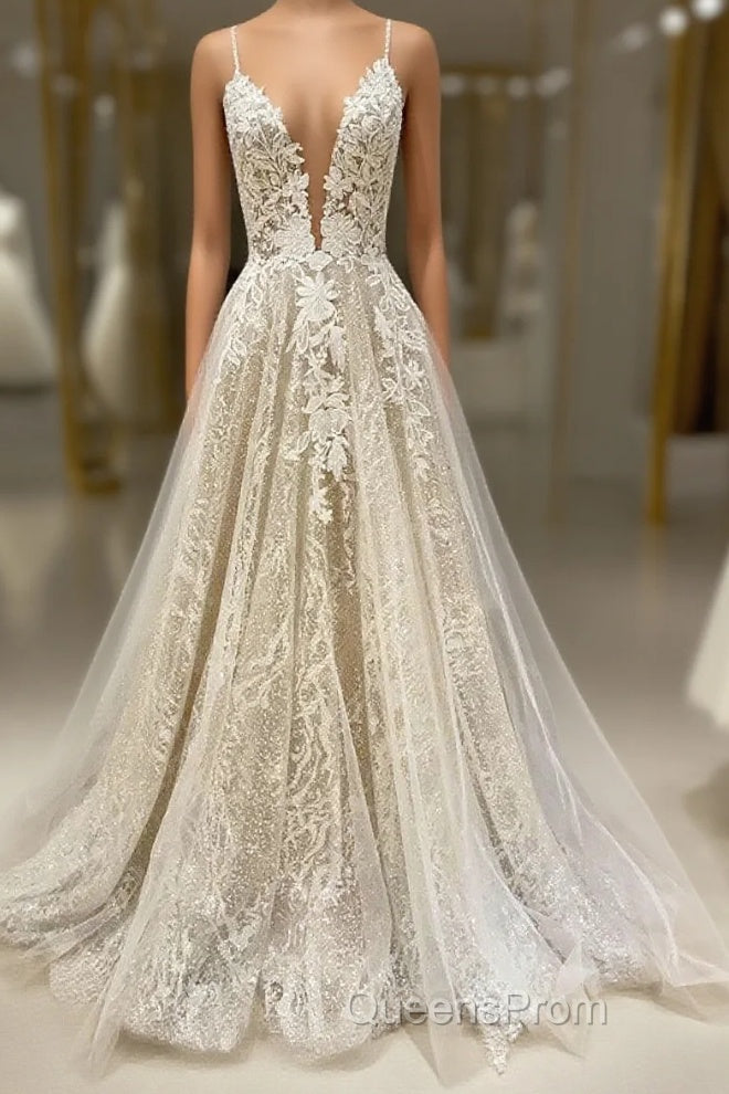 Unique V Neck Tulle Lace Long Evening Prom Dress Lace Tulle Evening Dress