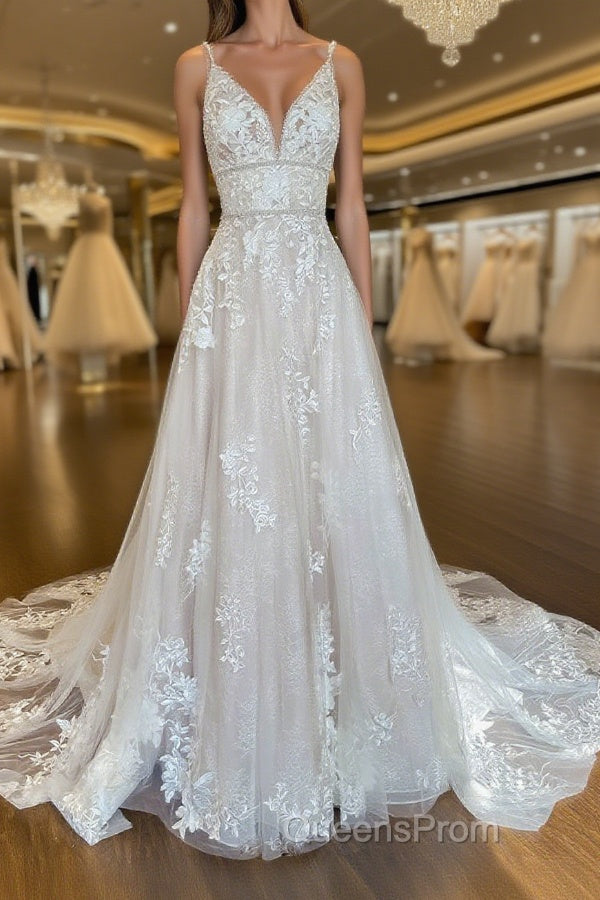 Unique v neck tulle lace long Evening Prom Dress, lace wedding Dress Main image