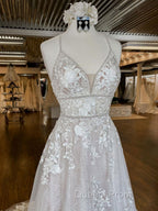 Unique v neck tulle lace long Evening Prom Dress, lace wedding Dress
