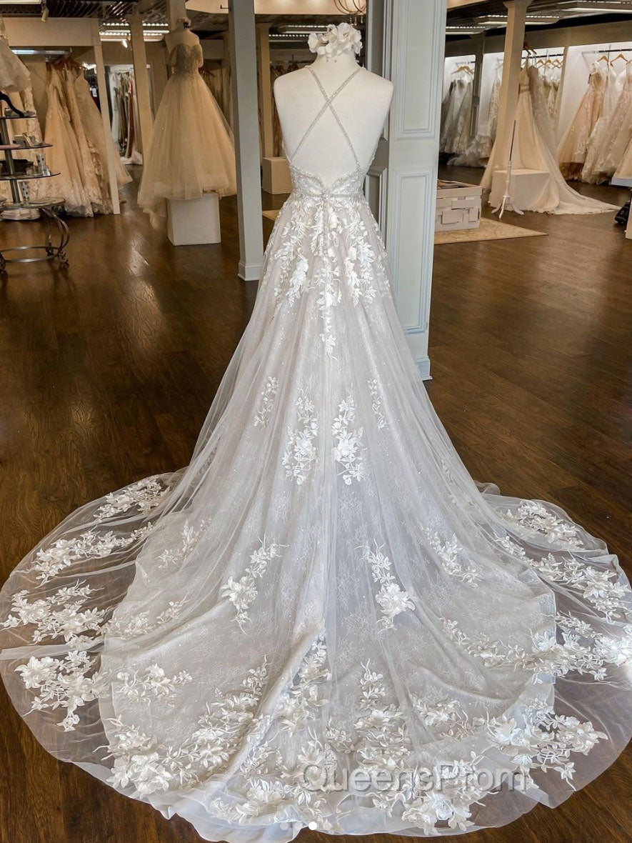 Unique v neck tulle lace long Evening Prom Dress, lace wedding Dress