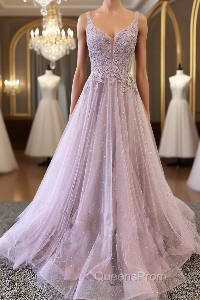 Unique v neck tulle lace long Evening Prom Dress, tulle evening Dress Main image