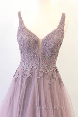Unique v neck tulle lace long Evening Prom Dress, tulle evening Dress
