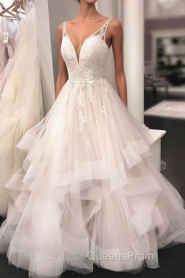 Unique v neck tulle lace long Evening Prom Dress, tulle lace wedding Dress Main image