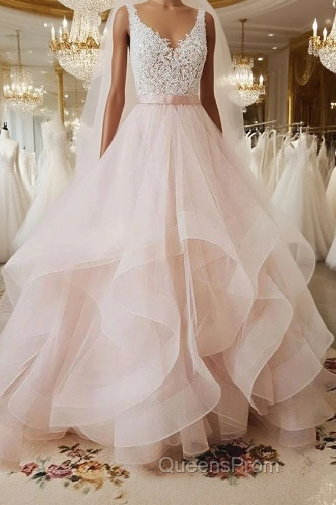 Unique v neck tulle lace long Evening Prom Dress, tulle wedding Dress Main image
