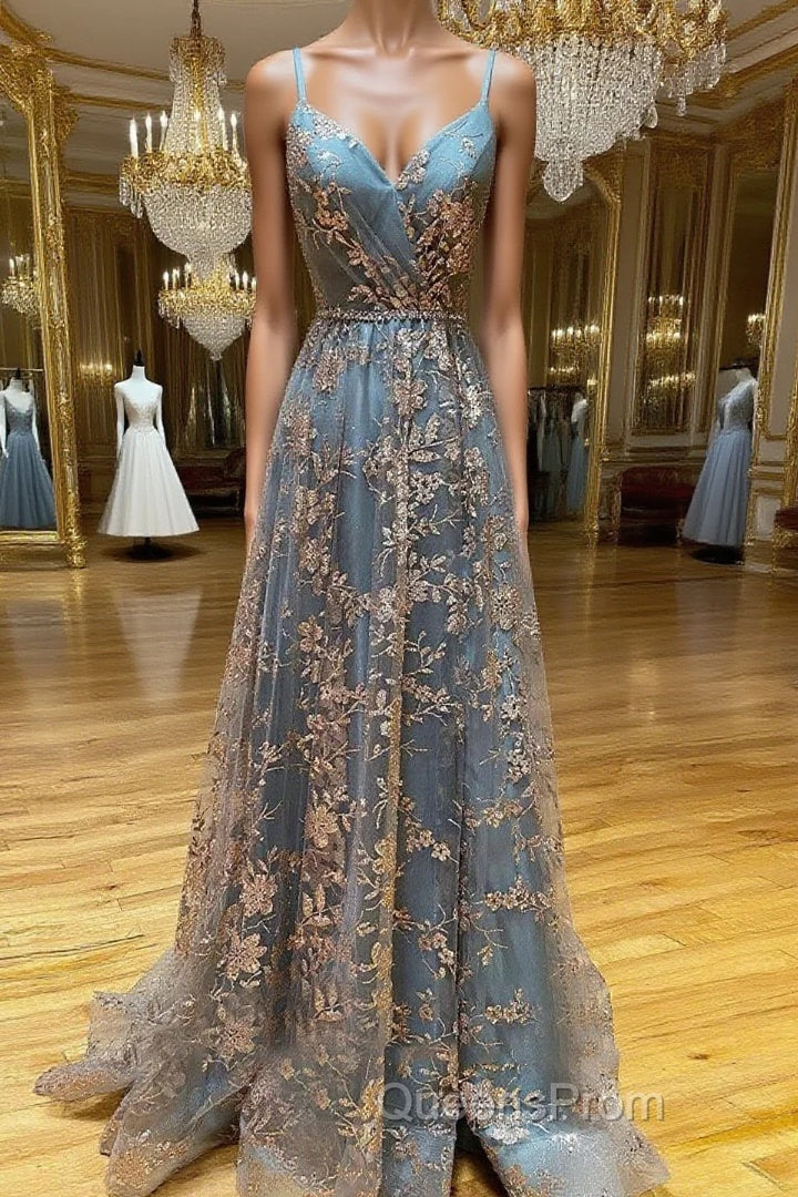 Unique v neck tulle sequin long Evening Prom Dress, sequin long evening Dress Main image