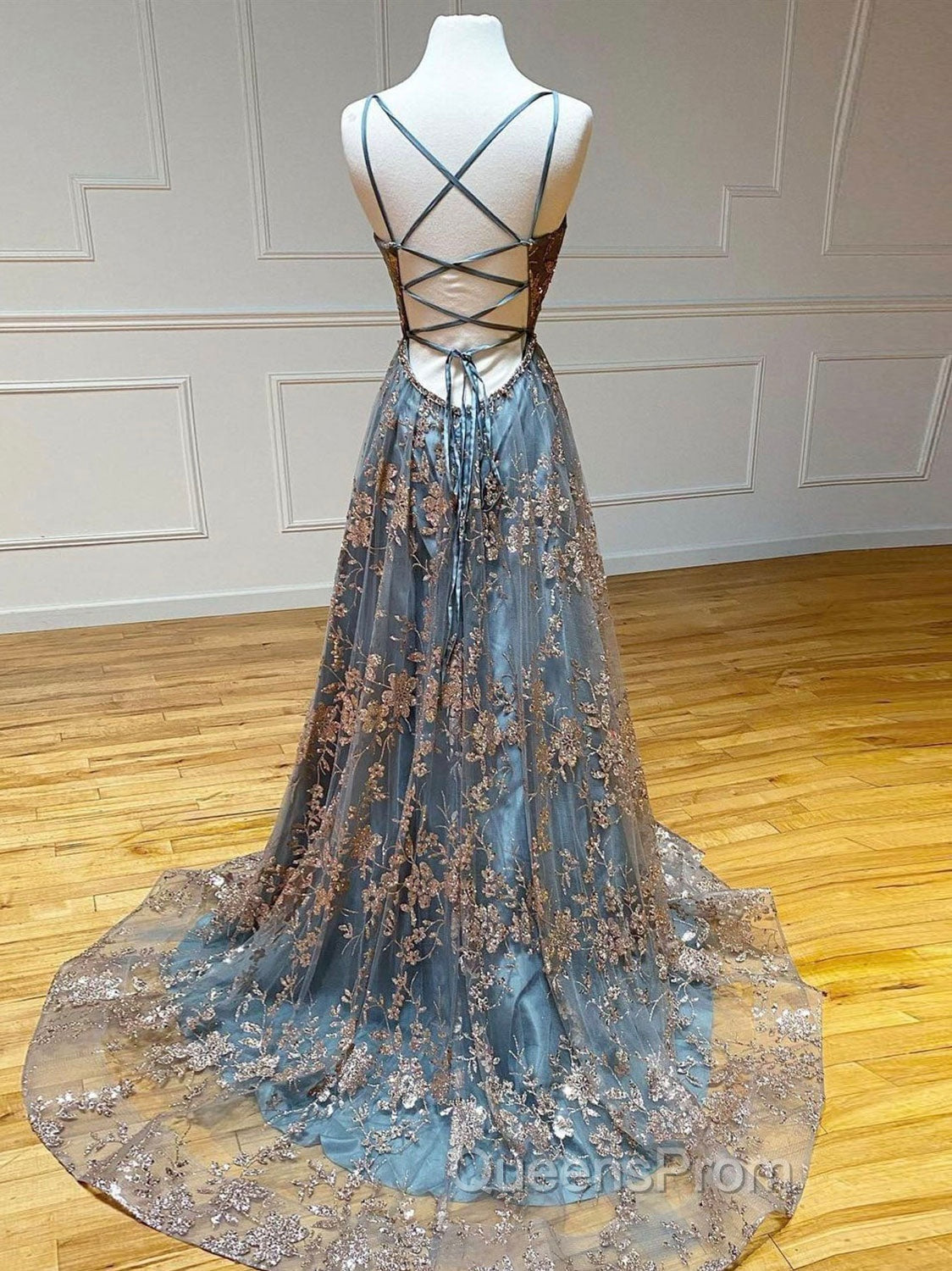 Unique v neck tulle sequin long Evening Prom Dress, sequin long evening Dress Secondary image