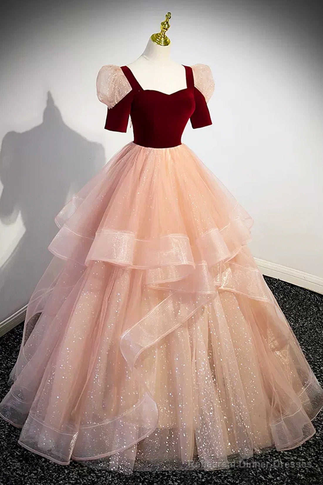 Unique Velvet Long A-Line Prom Dress with Ruffles, Cute Evening Party Dress Main image