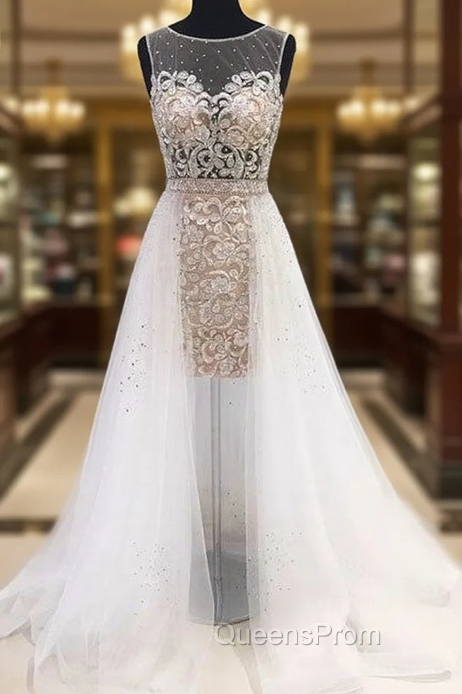 Unique White Round Neck Tulle Short Evening Prom Dress, White Evening Dress Main image