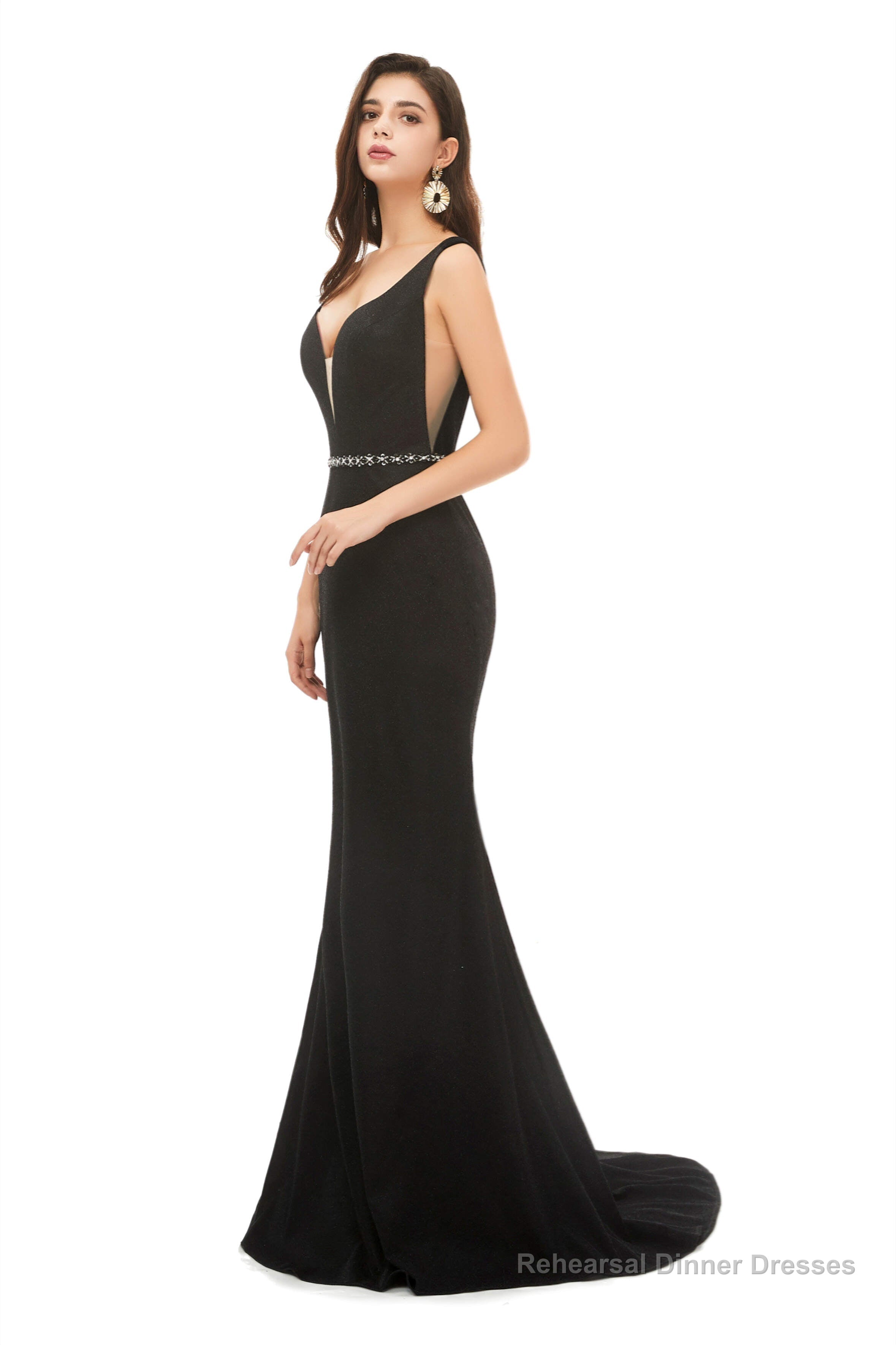 V Back Mermaid V Neck Beaded Waist Prom Dresses