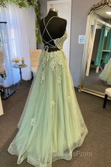 V Neck A Line Green Tulle Long Evening Prom Dress With Applique