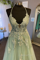 V Neck A Line Green Tulle Long Evening Prom Dress With Applique