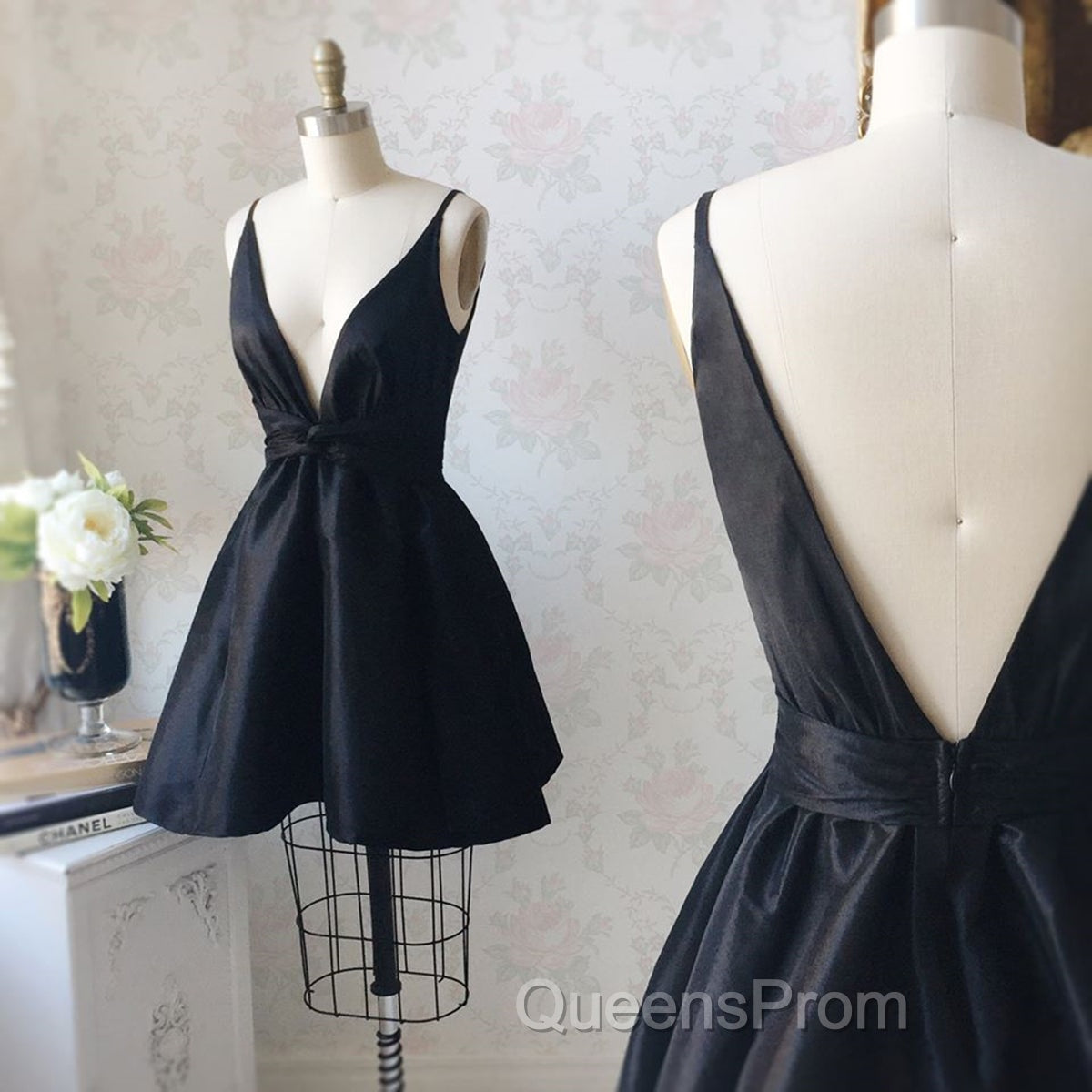 V Neck and V Back Black Satin Short Evening Prom Homecoming Dress, V Neck Black Formal Graduation Evening Dress, Black Cocktail Dress Secondary image