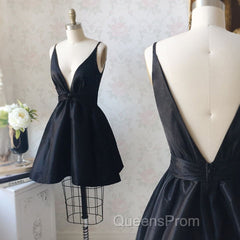 V Neck and V Back Black Satin Short Evening Prom Homecoming Dress, V Neck Black Formal Graduation Evening Dress, Black Cocktail Dress