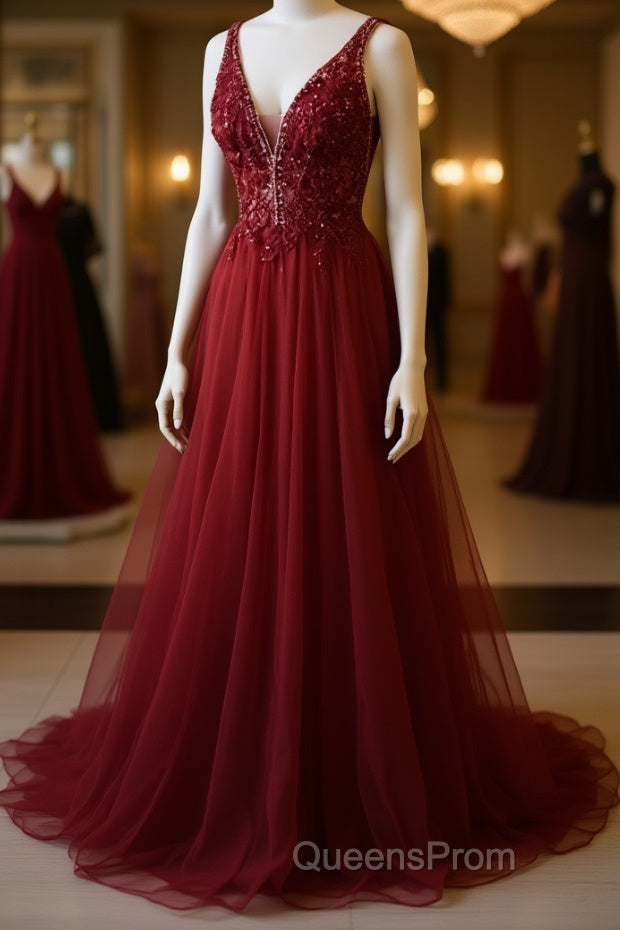 V Neck and V Back Burgundy Lace Long Evening Prom Dress, Open Back Burgundy Formal Dress, Burgundy Lace Evening Dress Main image