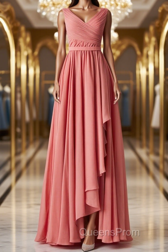 V Neck and V Back High Low Coral Chiffon Long Evening Prom Dress, Long Coral Formal Evening Bridesmaid Dress with Slit Main image