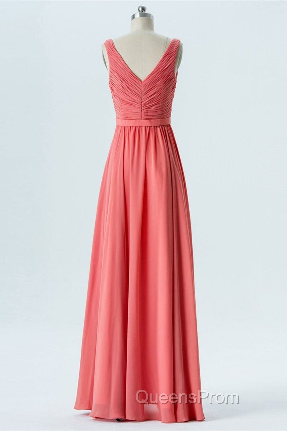 V Neck and V Back High Low Coral Chiffon Long Evening Prom Dress, Long Coral Formal Evening Bridesmaid Dress with Slit Secondary image