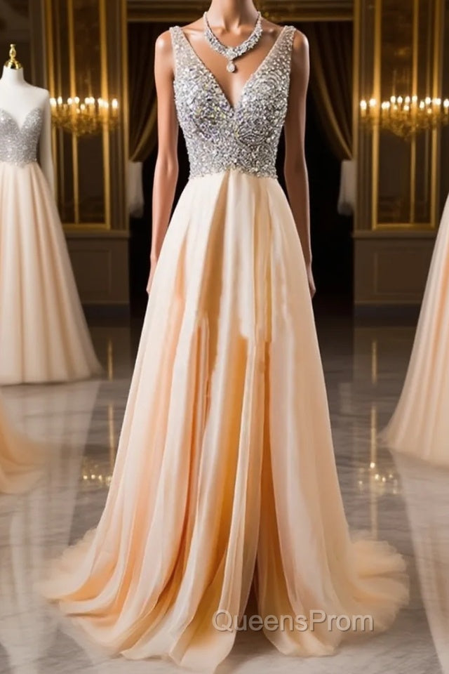 V Neck And V Back Sequins Chiffon Evening Prom Dress, Long Formal Dress, Evening Dress Main image