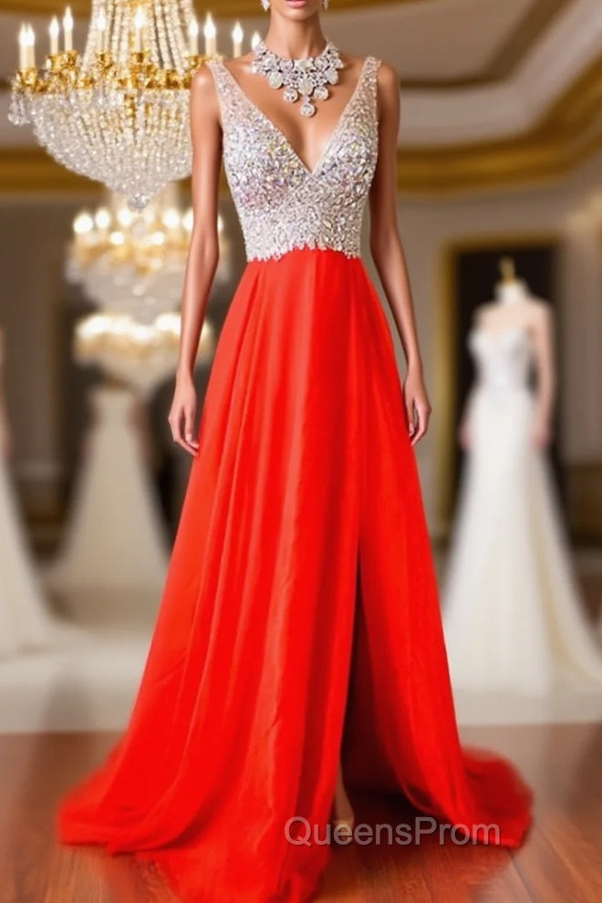 V Neck And V Back Sequins Chiffon Red Evening Prom Dress, Long Red Formal Dress, Evening Dress Main image