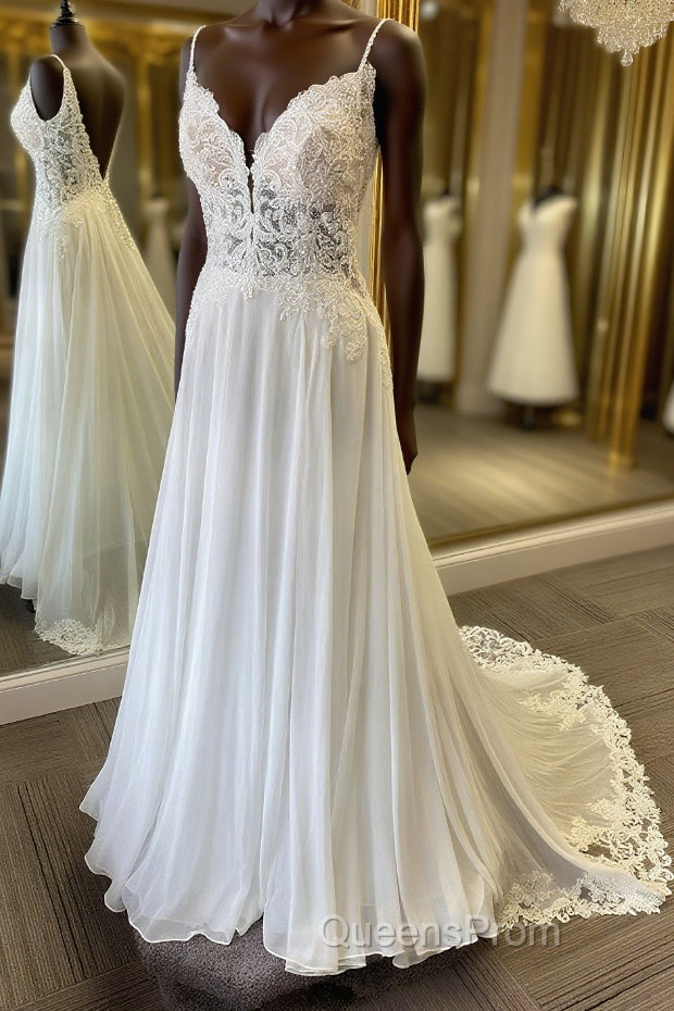 V Neck and V Back White Lace Long Evening Prom Dress, White Lace Wedding Dress, Long White Formal Evening Dress Main image