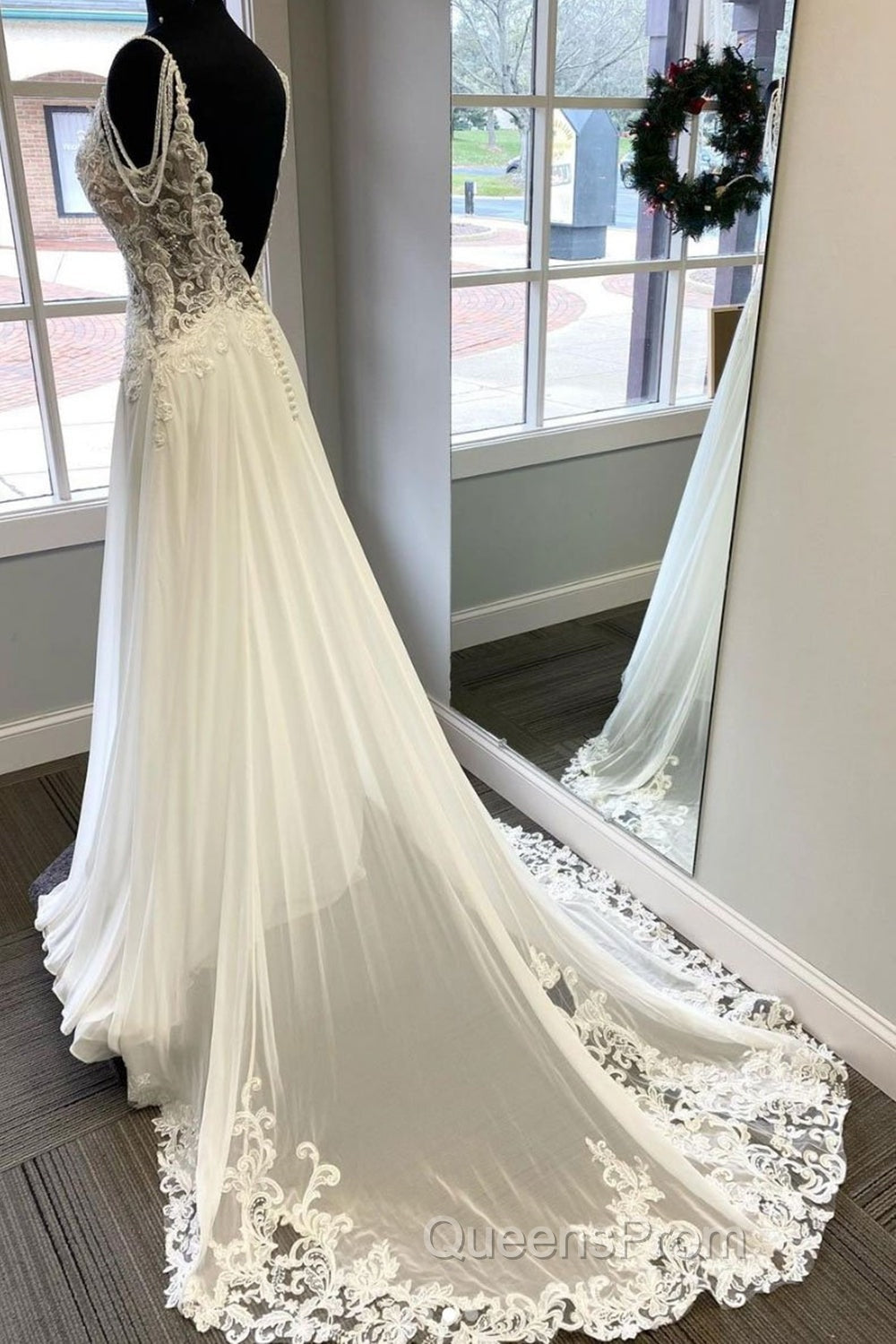 V Neck and V Back White Lace Long Evening Prom Dress, White Lace Wedding Dress, Long White Formal Evening Dress