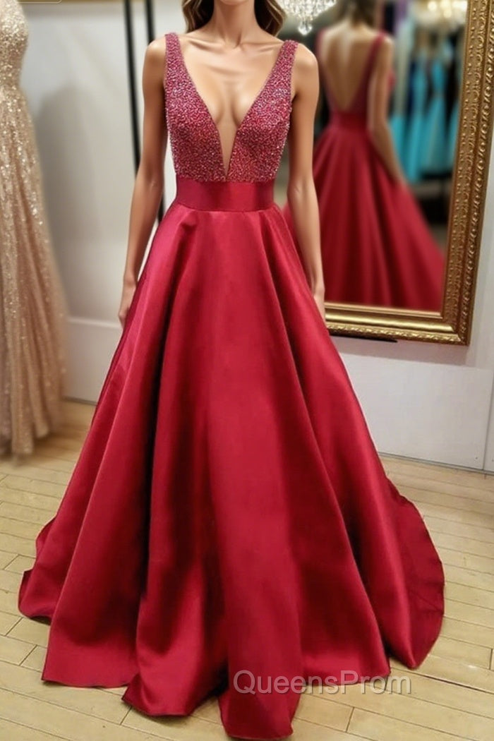V Neck and V Neck Sequins Burgundy Long Evening Prom Dress, V Neck Burgundy Formal Graduation Evening Dress Main image
