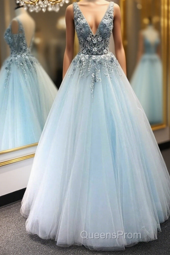 V Neck Appliques Blue Lace Long Evening Prom Dress, Floral Blue Lace Formal Dress, Lace Blue Evening Dress, Ball Gown Main image