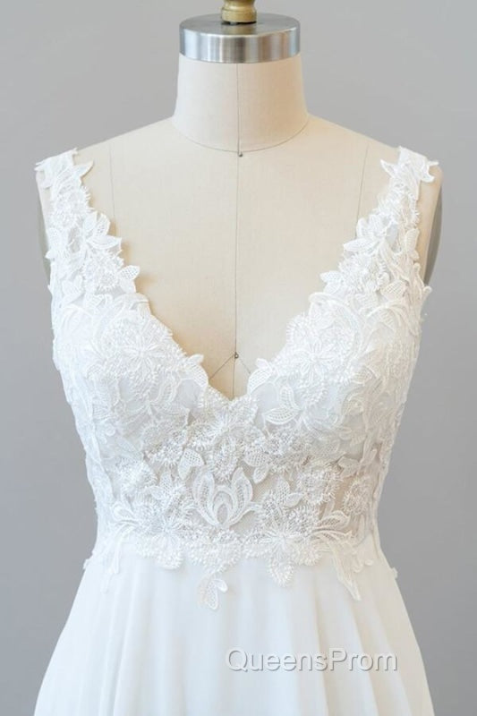 V-neck Appliques Chiffon A-line Wedding Dress