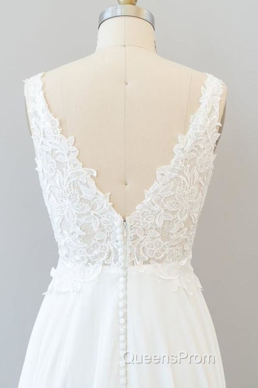 V-neck Appliques Chiffon A-line Wedding Dress