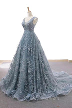 V-Neck Appliques Lace Wedding Dress With Chapel Train