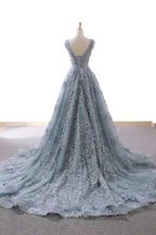 V-Neck Appliques Lace Wedding Dress With Chapel Train