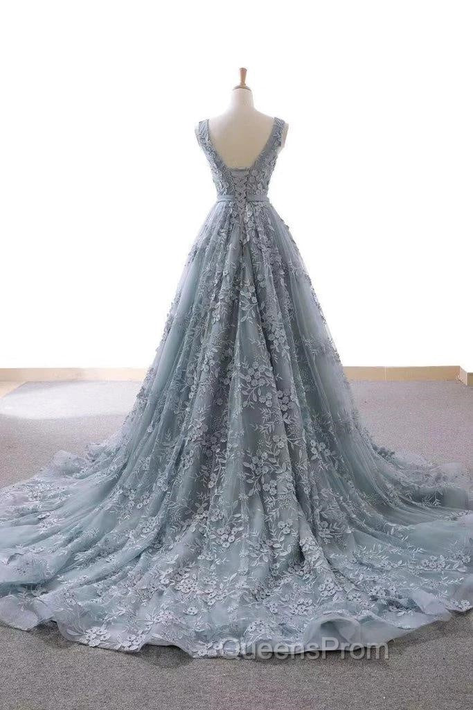 V-Neck Appliques Lace Wedding Dress With Chapel Train