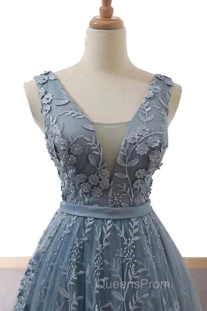 V-Neck Appliques Lace Wedding Dress With Chapel Train