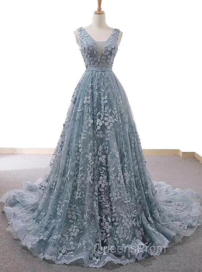 V-Neck Appliques Lace Wedding Dress With Chapel Train
