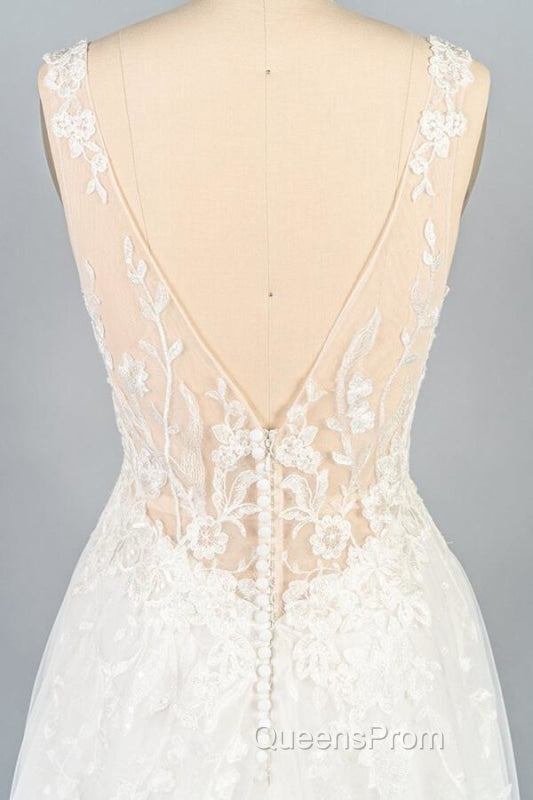 V-neck Appliques Tulle A-line Wedding Dress