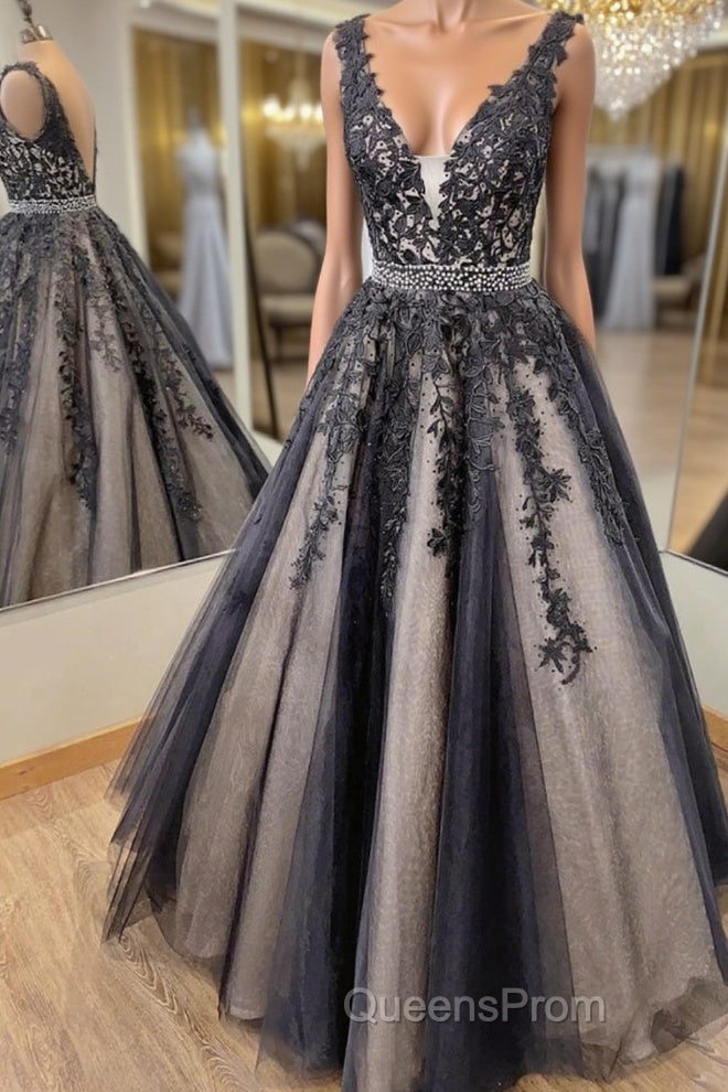 V Neck Backless Black Lace Long Evening Prom Dress, Black Lace Formal Dress, Black Evening Dress Main image