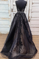 V Neck Backless Black Lace Long Evening Prom Dress, Black Lace Formal Dress, Black Evening Dress