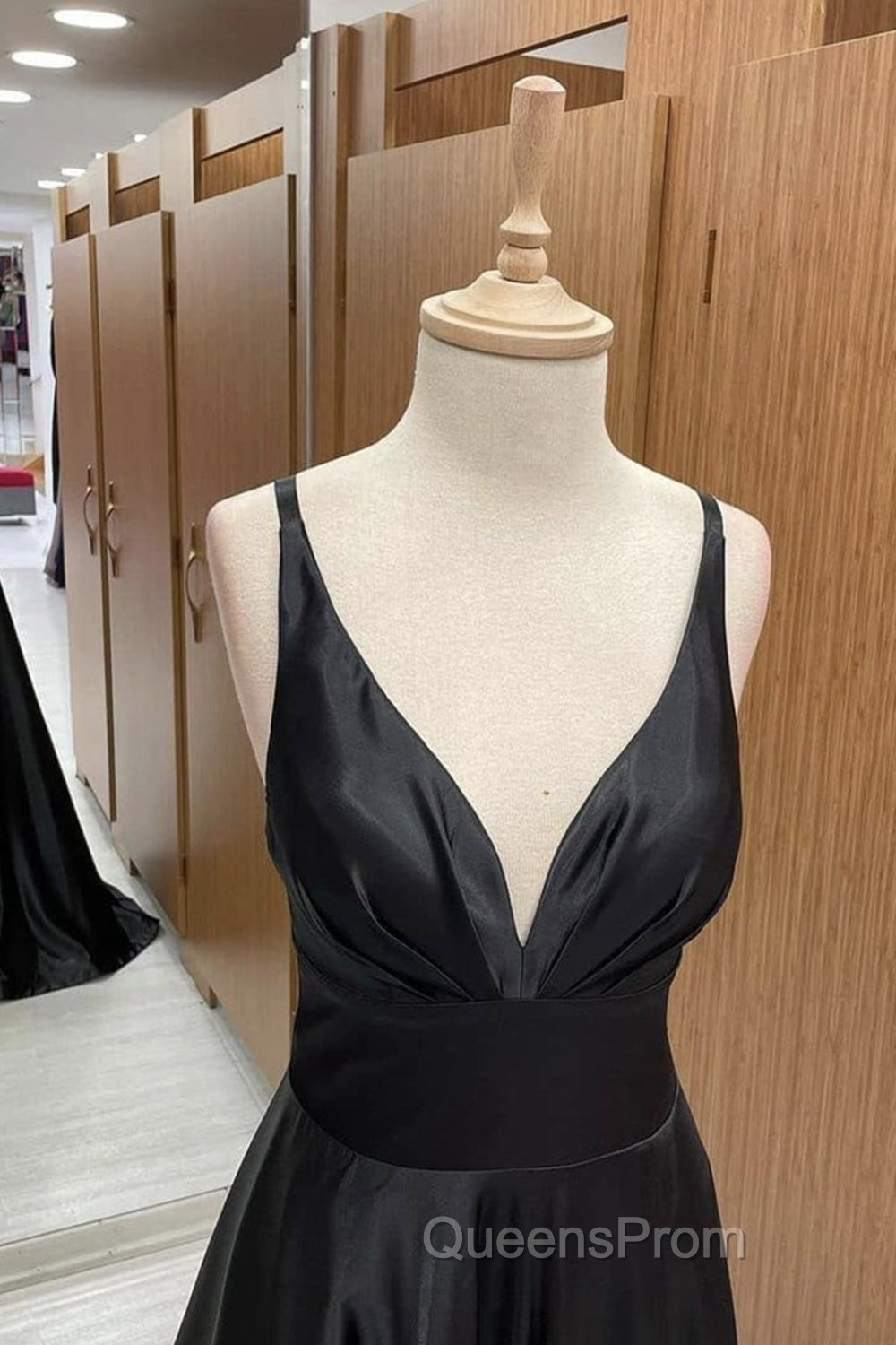 V Neck Backless Black Satin Long Evening Prom Dress, Backless Black Formal Dress, Black Evening Dress Secondary image