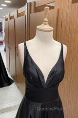 V Neck Backless Black Satin Long Evening Prom Dress, Backless Black Formal Dress, Black Evening Dress