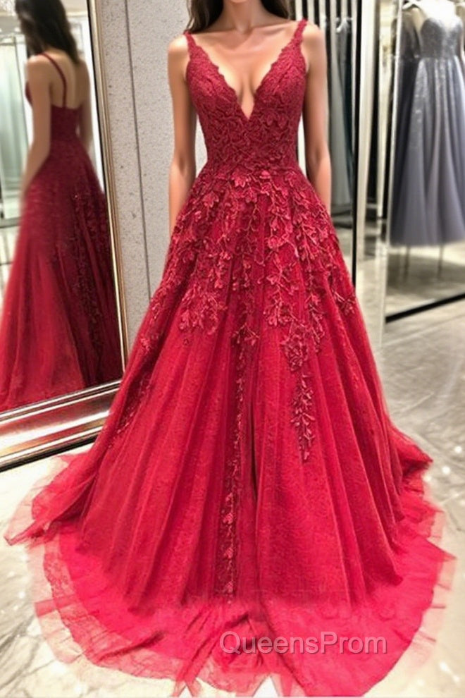V Neck Backless Burgundy Lace Long Evening Prom Dress, Burgundy Lace Formal Graduation Evening Dress Main image