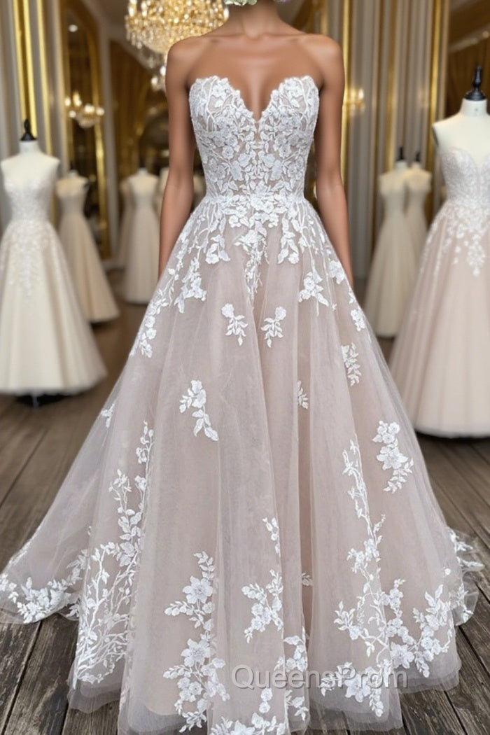 V Neck Backless Champagne Lace Appliques Long Evening Prom Dress, Champagne Lace Formal Evening Dress Main image