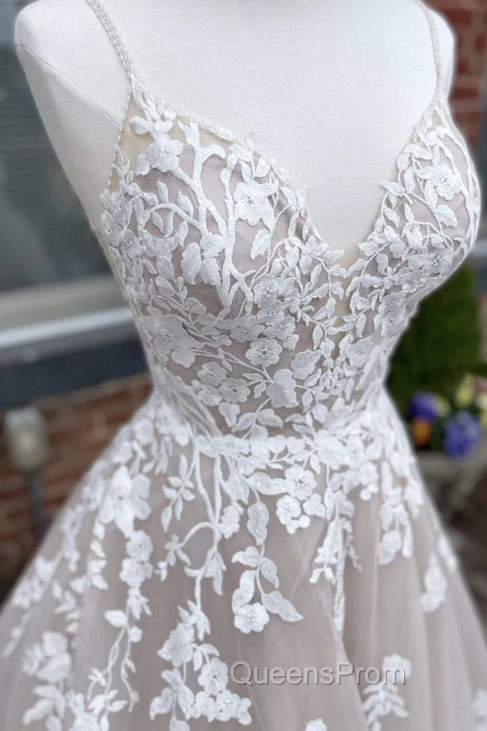 V Neck Backless Champagne Lace Appliques Long Evening Prom Dress, Champagne Lace Formal Evening Dress