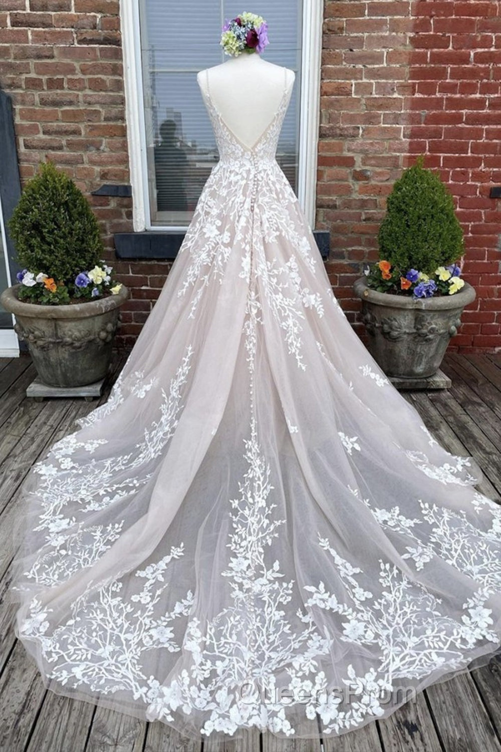 V Neck Backless Champagne Lace Appliques Long Evening Prom Dress, Champagne Lace Formal Evening Dress