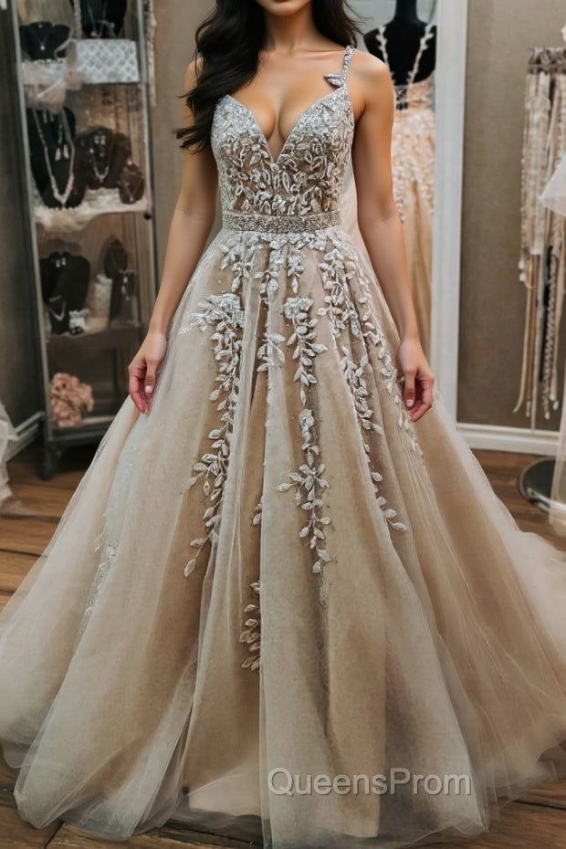 V Neck Backless Champagne Tulle Lace Long Evening Prom Dress, Champagne Lace Formal Evening Dress, Champagne Ball Gown Main image